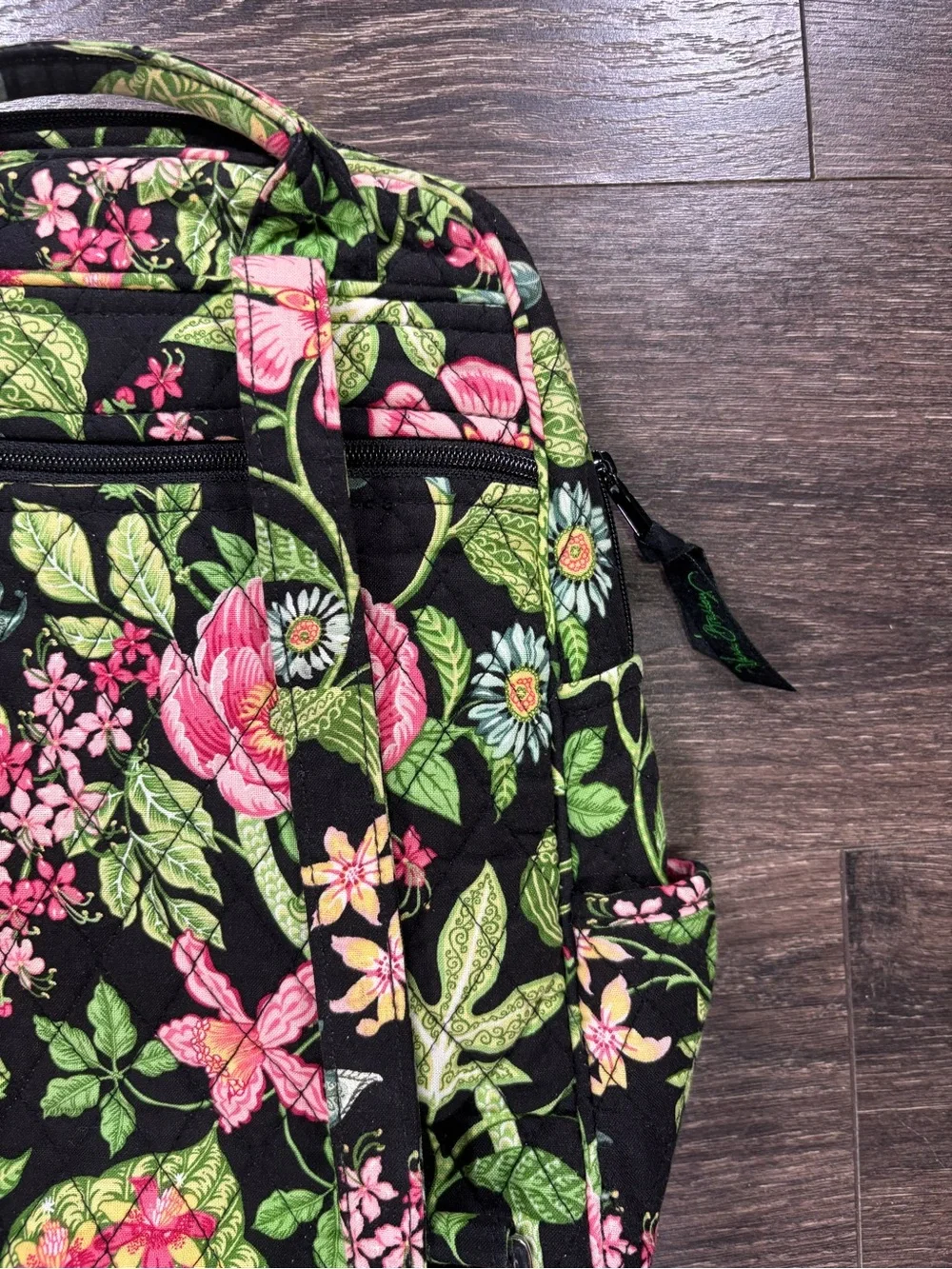 Vera Bradley Black Floral Quilted Backpack with Pink and Green Accents